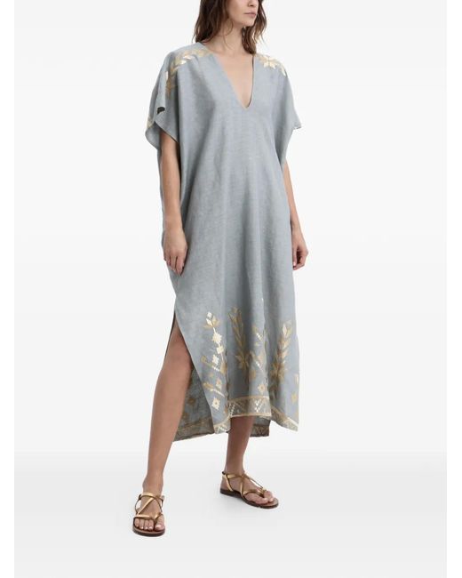 Greek Archaic Kori Gray Embroidered V-Neck Midi Dress