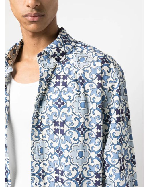 Drole de Monsieur Blue Faïence Geometric-Print Cotton Shirt for men