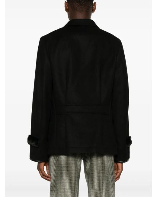 Random Identities Black Double-Breasted Wool-Blend Faux-Fur Jacket for men