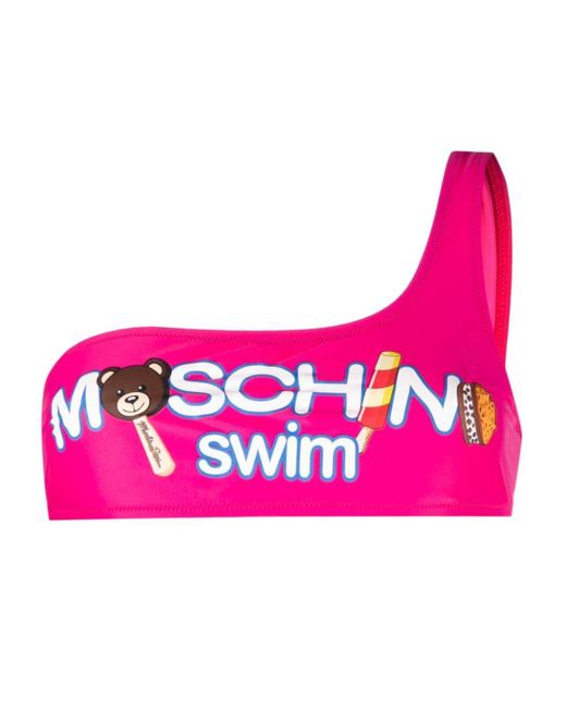 Moschino Pink Logo Print Asymmetric-neck Bikini Top