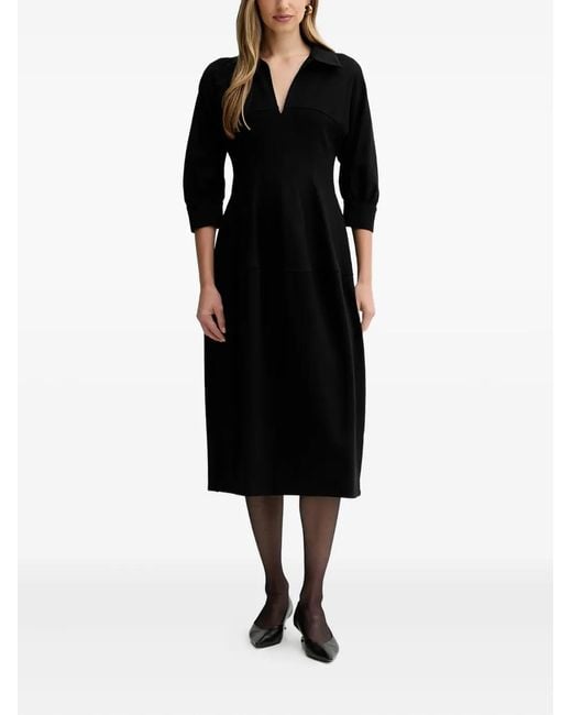 Liviana Conti Black Fleur Shirt-Collar Side-Pocket Midi Dress
