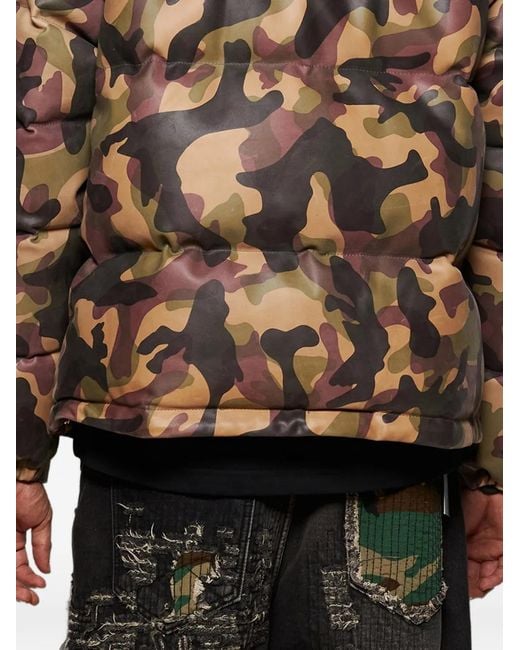 THUG CLUB Brown Camouflage-Pattern Leather Puffer Jacket for men
