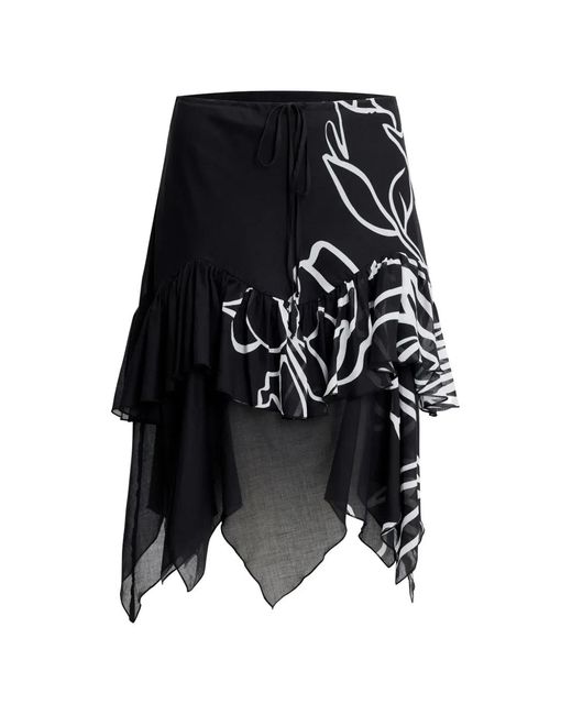 Donde Esteban Black Ruffled Floral-Print Midi Skirt