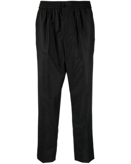AMI Black Pinstripe Cropped Wool Trousers for men