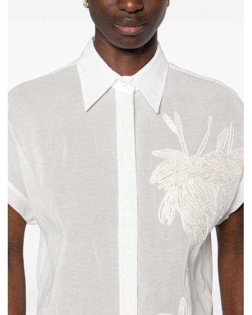 Brunello Cucinelli White Semi-transparentes Hemd mit Stickerei