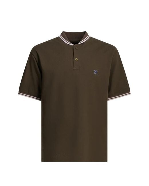 Needles Green Embroidered-Logo Striped-Trim Polo Shirt for men