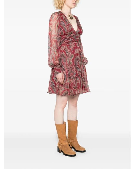 Etro Red Paisley-Print V-Neck Mini Dress