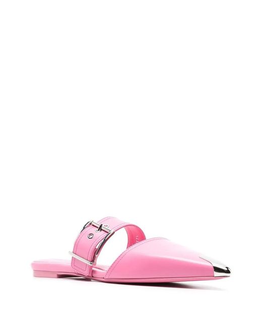 McQueen Pink Buckled Leather Mules
