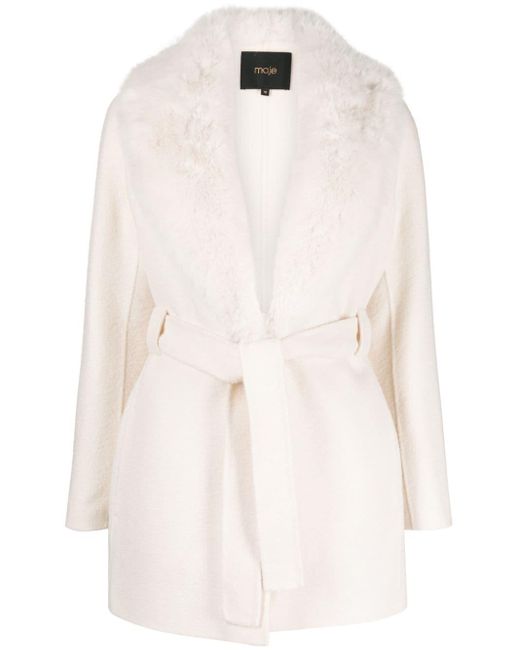 Maje White Belted Faux-fur Coat