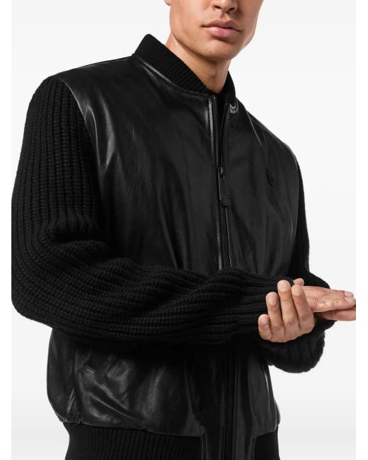 Philipp Plein Black Leather Knitted-Sleeve Jacket for men