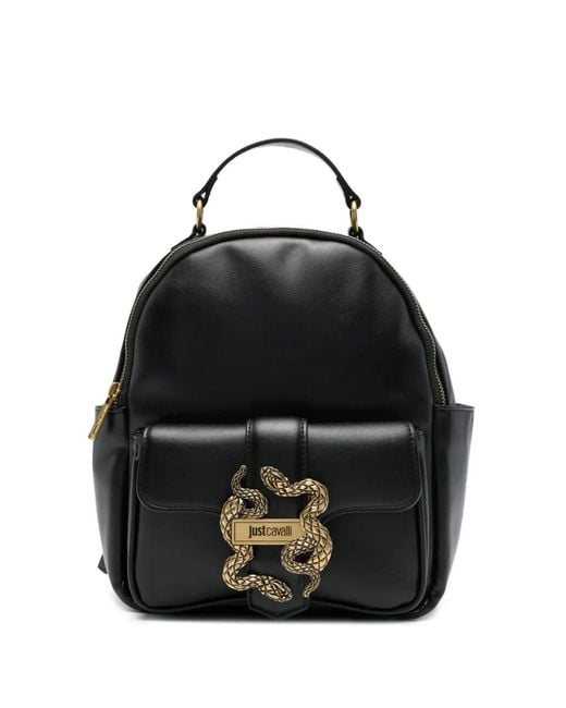 Just Cavalli Black Snake-Appliqué Backpack