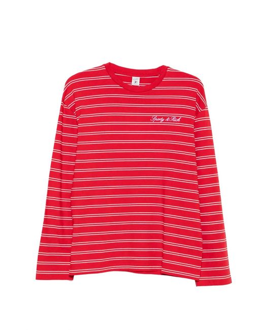 Sporty & Rich Striped Logo-Embroidered Long-Sleeve Cotton T-Shirt