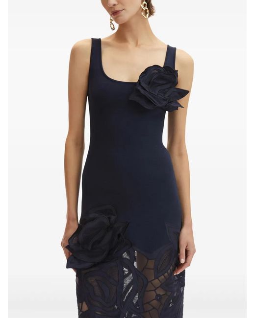Oscar de la Renta Blue Rose-Appliqué Knitted Midi Dress