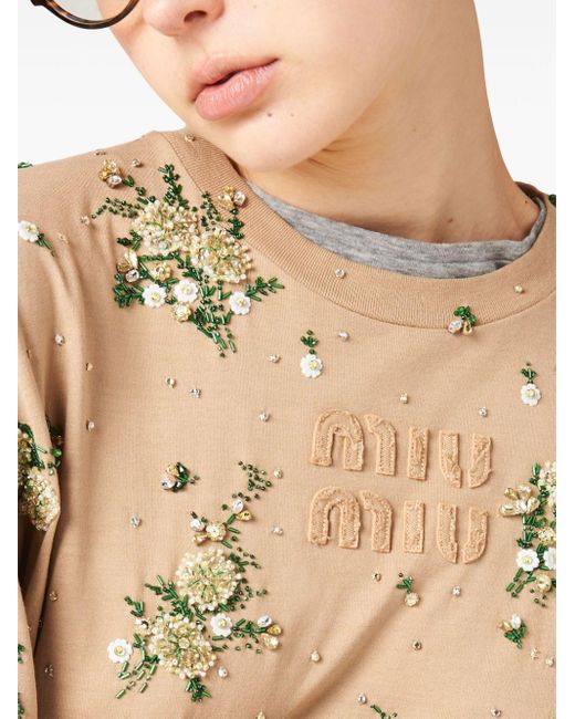 T-shirt en coton à appliqués fleurs Miu Miu en coloris Natural
