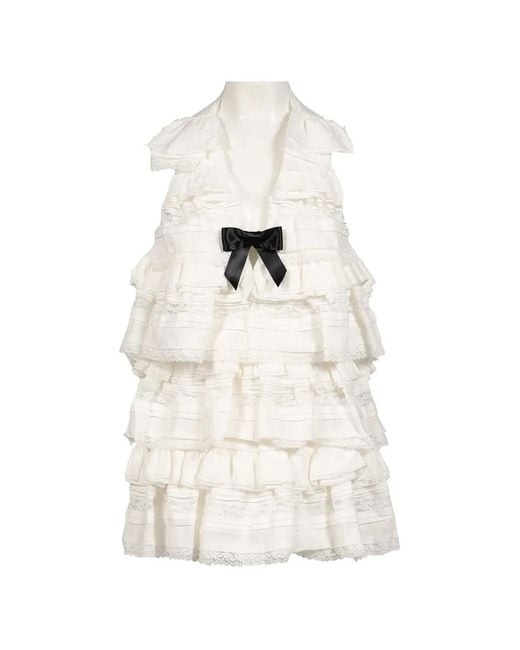ShuShu/Tong White Ruffled Lace-Trim Mini Dress