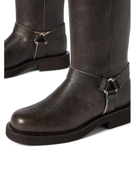 Brunello Cucinelli Black Leather Biker Boots With Shiny Loops