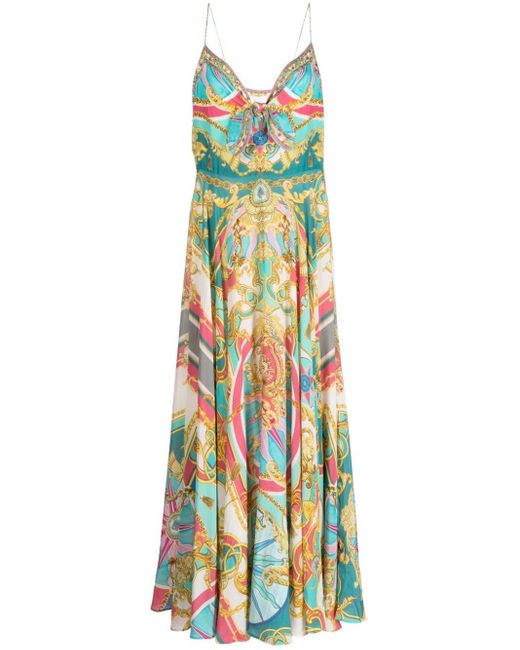 Camilla Blue Baroque-pattern Silk Dress