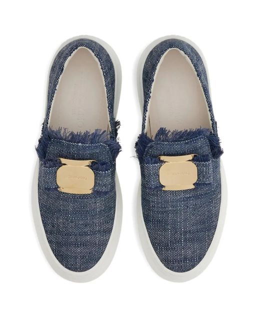 Ferragamo Blue Buckle Frayed Slip-On Sneakers