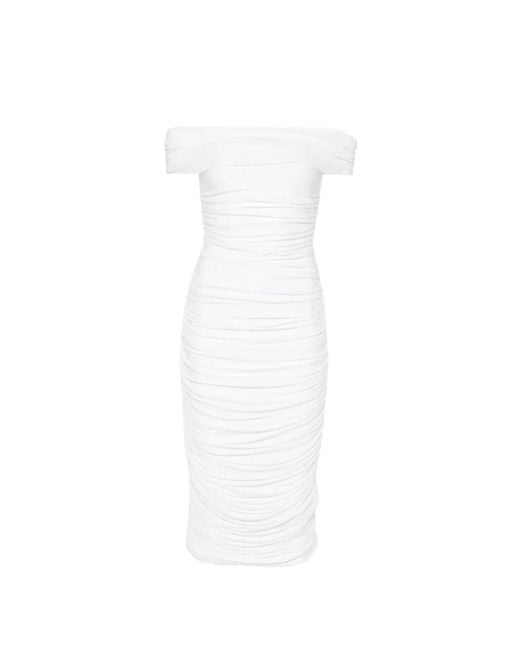 Norma Kamali White Ruched Off-The-Shoulder Midi Dress