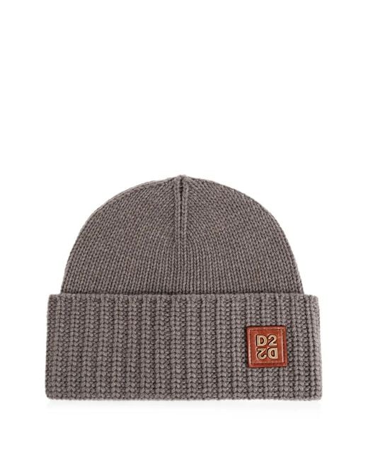 DSquared² Brown Logo-Patch Ribbed-Knit Beanie Hat for men
