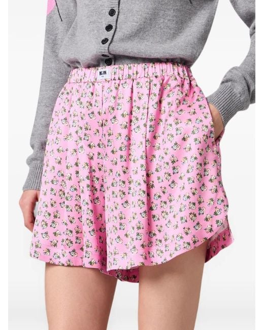 MSGM Pink Floral-Print Mini Shorts