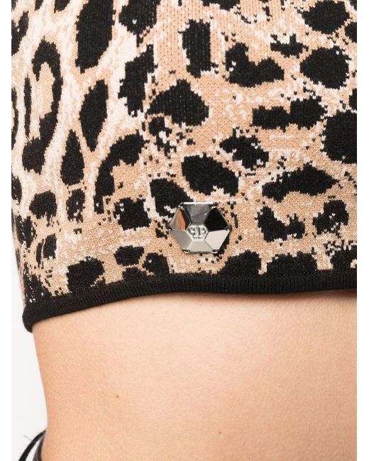 Philipp Plein Black Knitted Leopard-Print Bandeau Top
