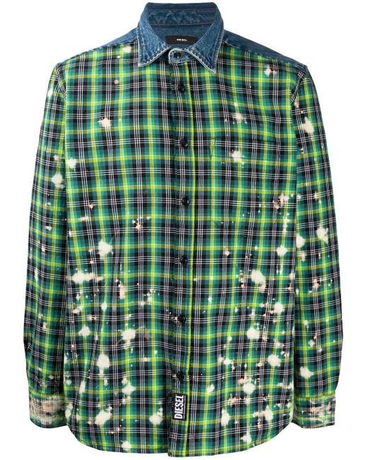 DIESEL Green Distressed Check Print Shirt for men