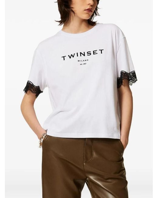 Twinset White Jersey T-Shirt With Logo And Lace