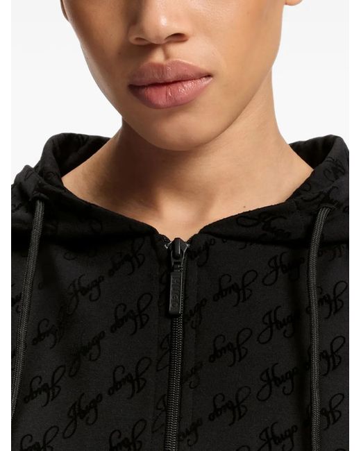 HUGO Black Relaxed-Fit Hooded Jacket With Flocked-Logo Print