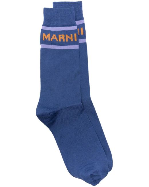 Marni Blue Logo-Intarsia Fine-Ribbed Socks for men