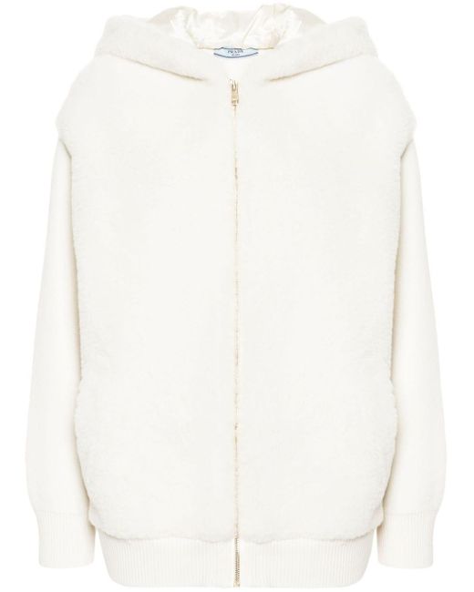 Prada White Shearling Panelled Hooded Jacket