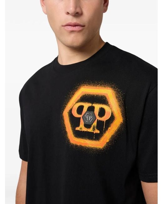 Philipp Plein Black Round Neck T-Shirt Spray Hexagon for men