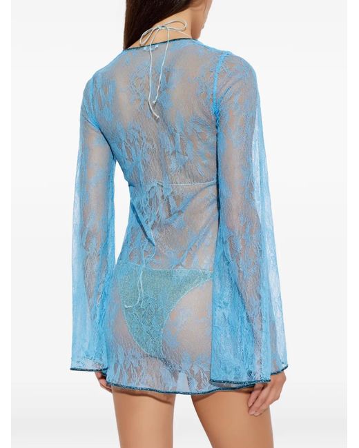 Oseree Blue O~Kaftan Lace Long-Sleeved Mini Dress