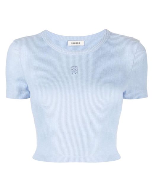 Sandro Logo-embroidered Cropped T-shirt in het Blue