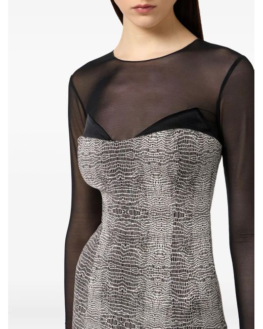 Elisabetta Franchi Gray Python-Print Mesh-Insert Midi Dress