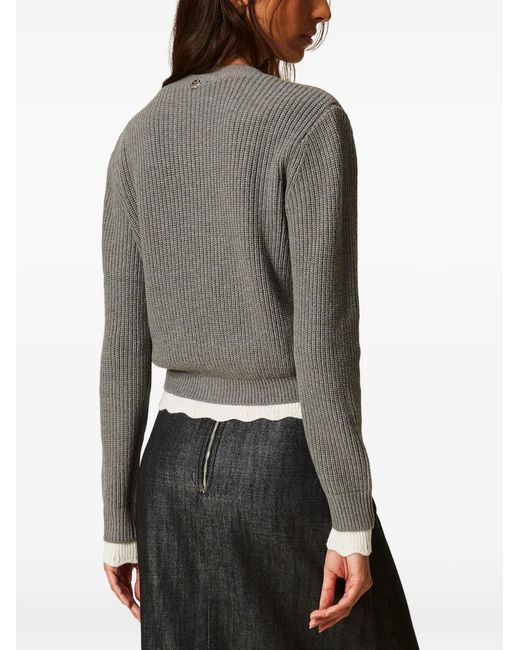 Twinset Gray Scalloped-Edge Ribbed Cardigan