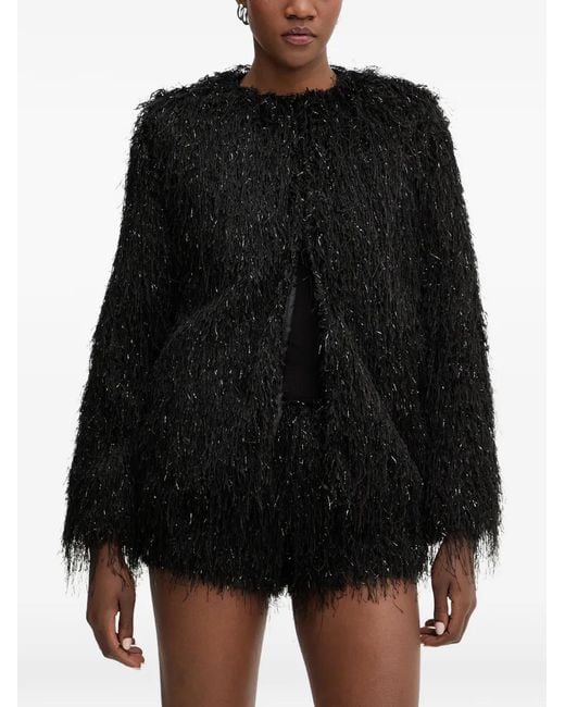 Haveone Black Shaggy-Knit Metallic-Thread Jacket