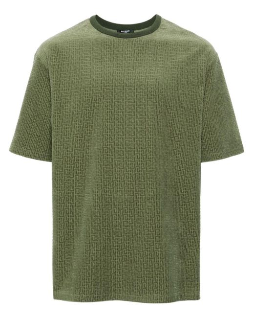 Balmain Green Velvet Monogram-pattern T-shirt for men