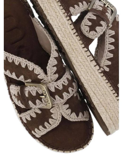 Mou Brown Crochet-Trim Buckle-Fastening Sandals