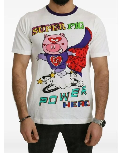Dolce & Gabbana White 2019 Super Pig Power Hero Cotton T-Shirt for men