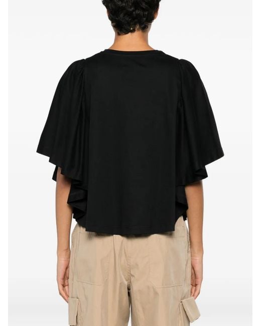 Psophia Black Ruffled Cape-Sleeve Cotton T-Shirt