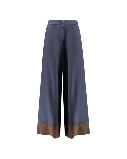 Co.Go Blue Contrasting-Band Silk Palazzo Pants