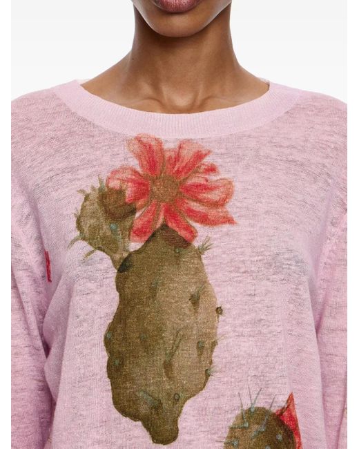 Bimba Y Lola Pink Cactus-Print Linen Jumper