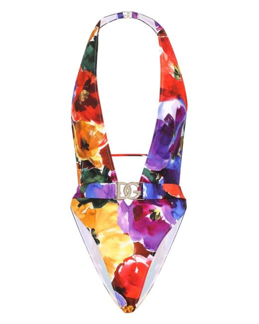 Bañador con cinturón estampado flores abstractas Dolce & Gabbana de color Red