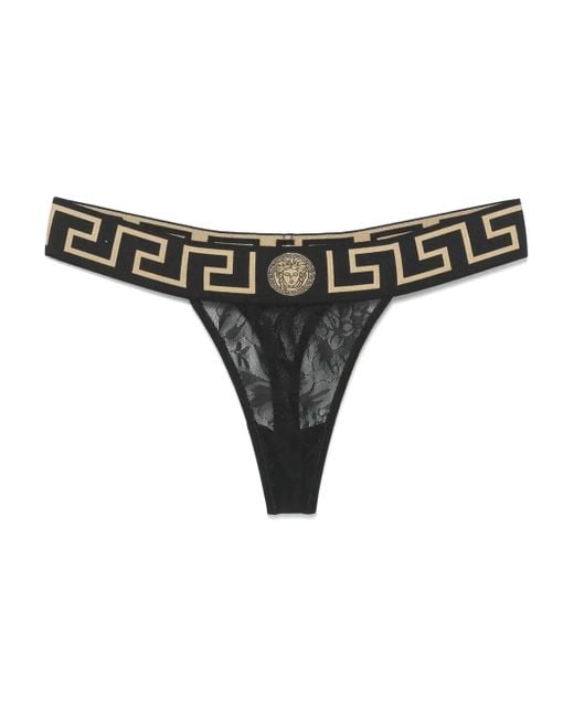 Versace Black Greca Laced Thong