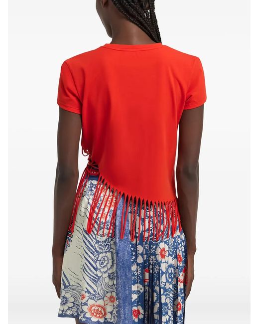 Roberto Cavalli Red Fringe-Detail Button T-Shirt