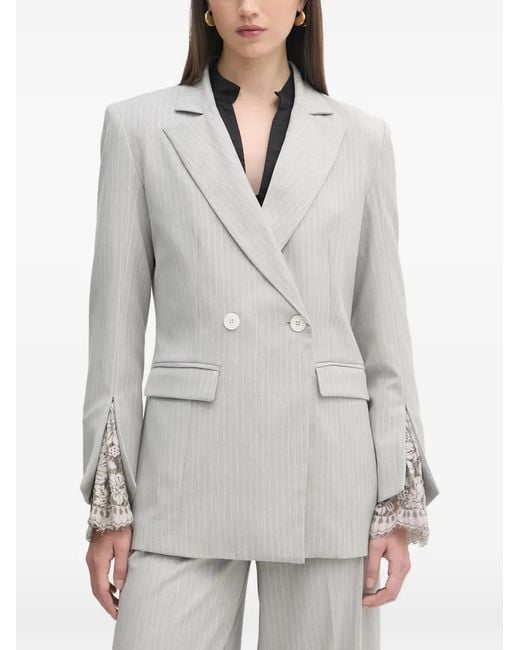 Haveone Gray Pinstripe-Pattern Double-Breasted Blazer