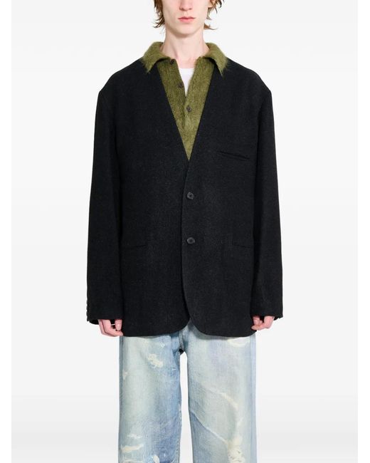 A.PRESSE Black Tweed Collarless Blazer for men
