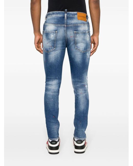 DSquared² Blue Paint-splatter Distressed Skinny Jeans for men
