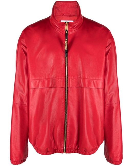 Moschino Red Logo-plaque Leather Bomber Jacket for men